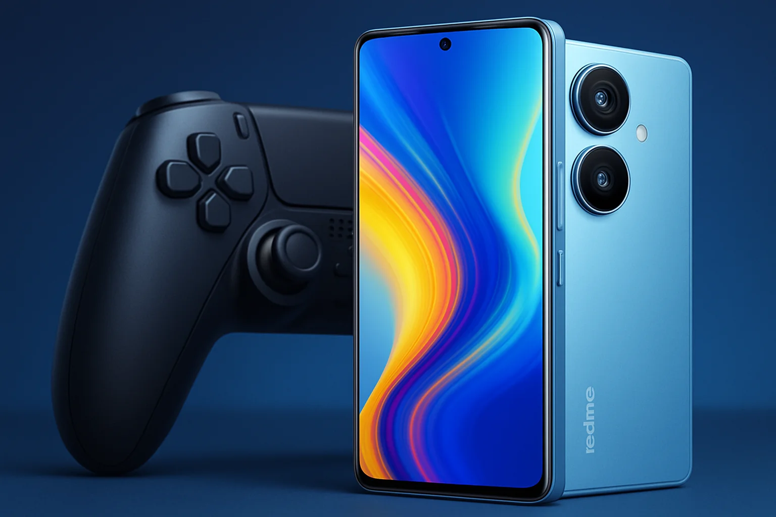 Новый смартфон Realme 16 Pro с AMOLED-экраном 144 Гц и мощной камерой 200 Мп на фоне игрового контроллера.