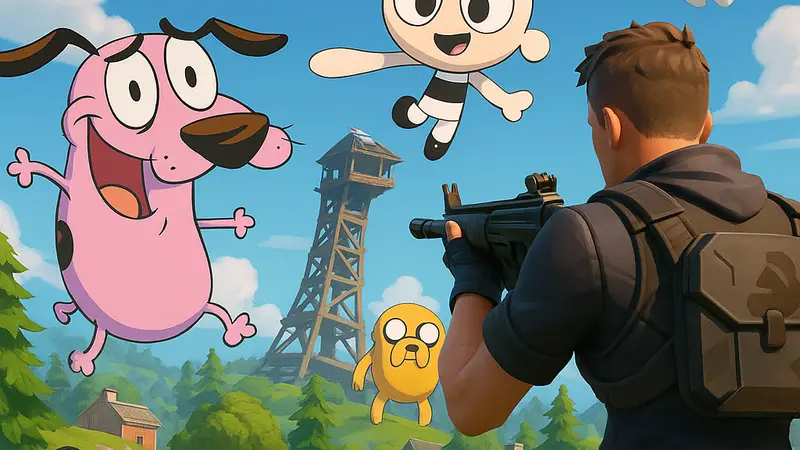 Скриншот Fortnite с элементами персонажей или символики Cartoon Network, намекающий на коллаборацию.
