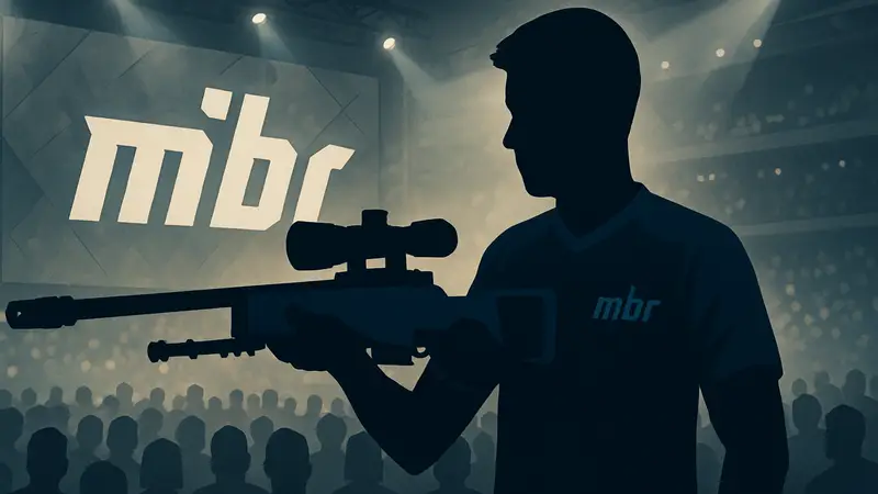 Игрок nqz с AWP в киберспортивной форме MIBR, на фоне логотипа команды и аудитории.