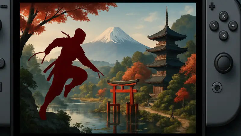 Скриншот из Assassin's Creed Shadows: Claws of Awaji на Nintendo Switch 2, демонстрирующий японские пейзажи с ниндзя.