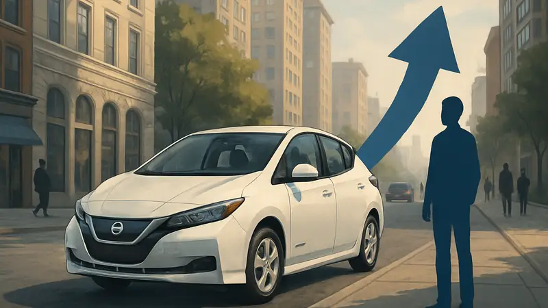 Подержанный электромобиль на фоне городской улицы, символизирующий рост продаж