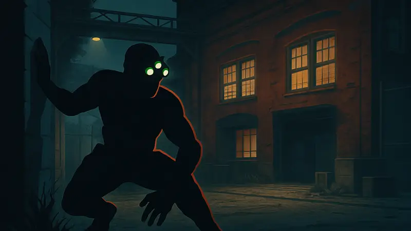 Скриншот из игры Lizard State с персонажем в скрытной позе, напоминающий Sam Fisher