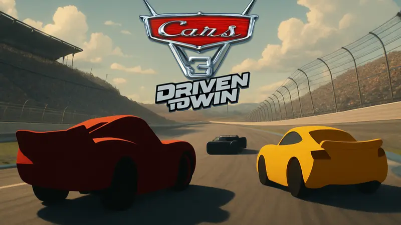 Логотип игры Cars 3: Driven to Win на фоне гоночной трассы с персонажами мультфильма
