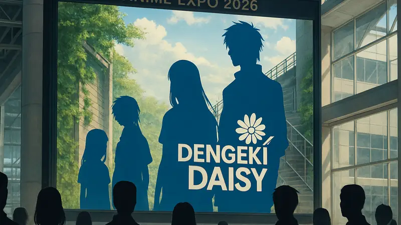 Аниме Dengeki Daisy: постер с главными персонажами и логотипом на Anime Expo 2026