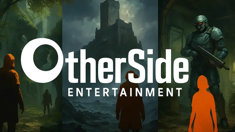Логотип студии OtherSide Entertainment на фоне концепт-артов невыпущенной immersive sim игры.