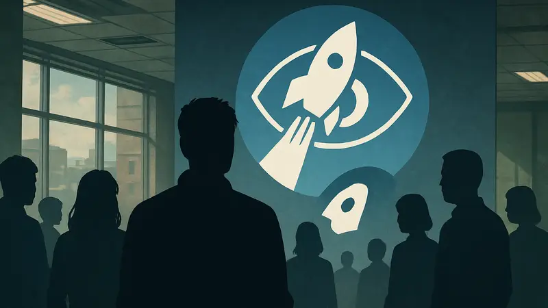Логотип студии Build a Rocket Boy или MindsEye на фоне силуэтов сотрудников.