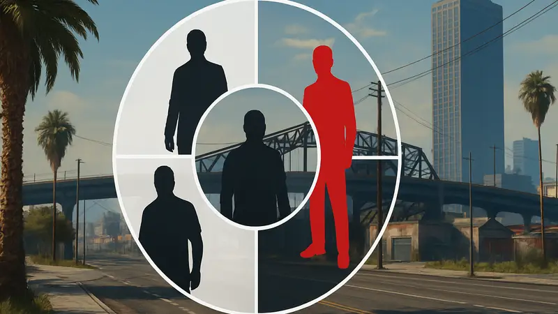 Колесо выбора персонажей в GTA 5 с Майклом, Тревором, Франклином и пустым слотом