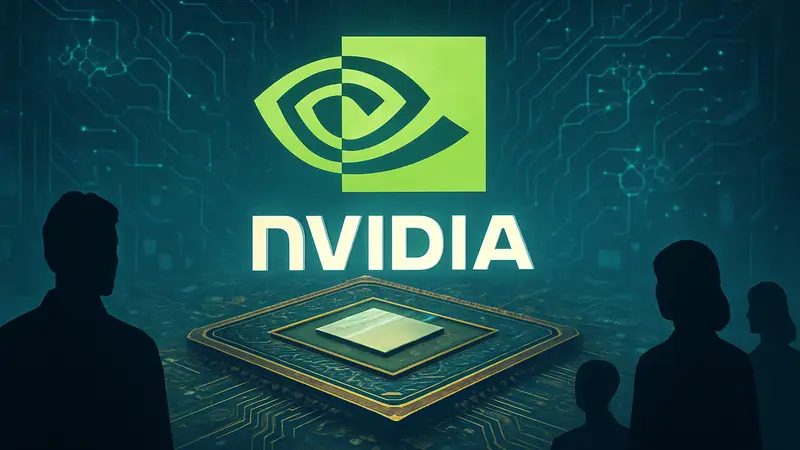 Логотип Nvidia на фоне микросхемы или графического процессора, символизирующий конференцию GTC и достижения в области ИИ и рендеринга.