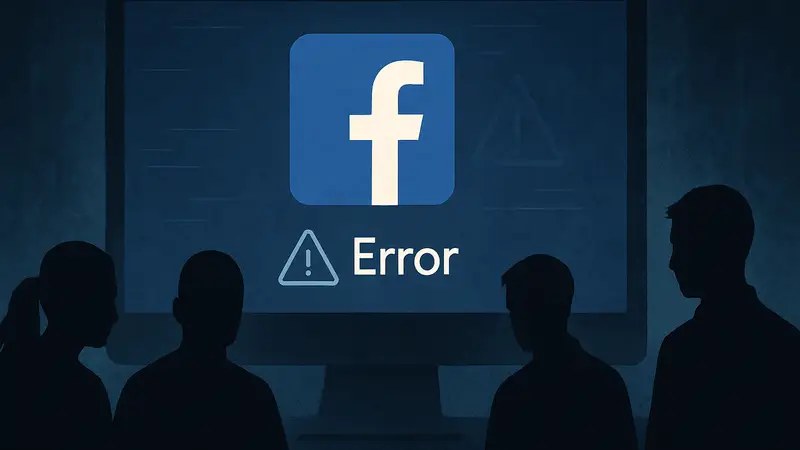 Логотип Facebook на фоне экрана ошибки или сбоя, символизирующий недоступность сервиса.