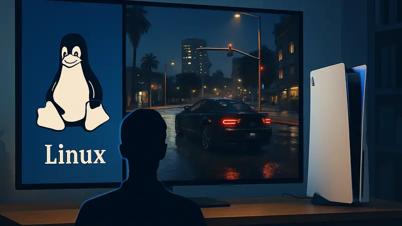 PlayStation 5 с запущенной операционной системой Linux, на экране которой демонстрируется GTA 5 с рейтрейсингом.