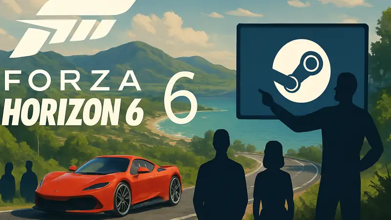 Логотип Forza Horizon 6 и демонстрация успеха в Steam по предзаказам.