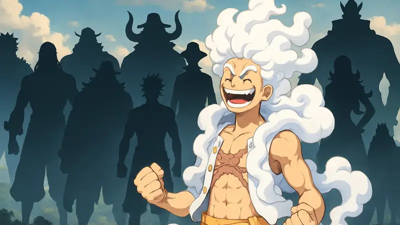 Монки Д. Луффи в форме Гир 5 с фоном из 8 сильнейших персонажей One Piece, которых он превзошел
