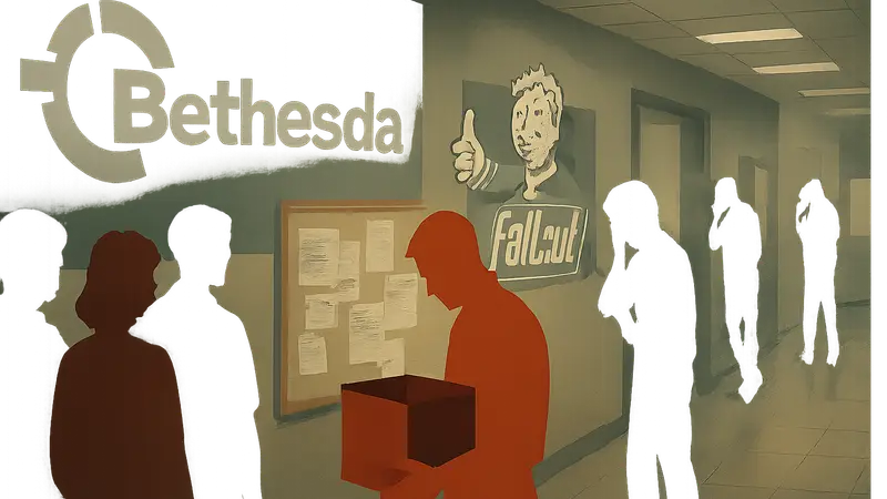 Логотип Bethesda и Fallout на фоне новостей об увольнениях в студии Bethesda Montreal.