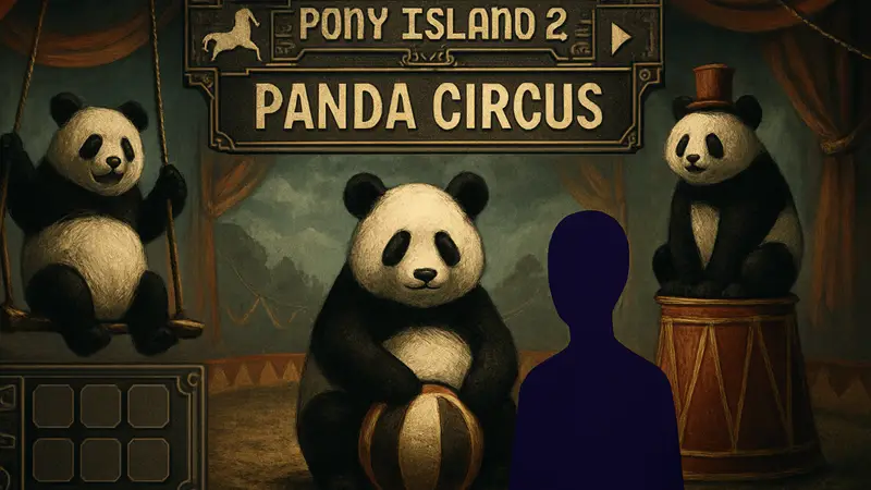 Обложка игры Pony Island 2 Panda Circus с пандами и необычными элементами игрового интерфейса.