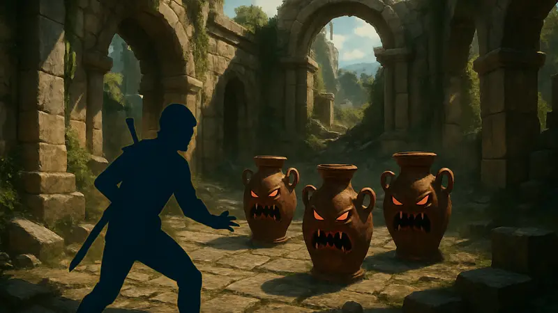 Решение головоломки с кувшинами-врагами в Руинах Гор Кингшилд Crimson Desert