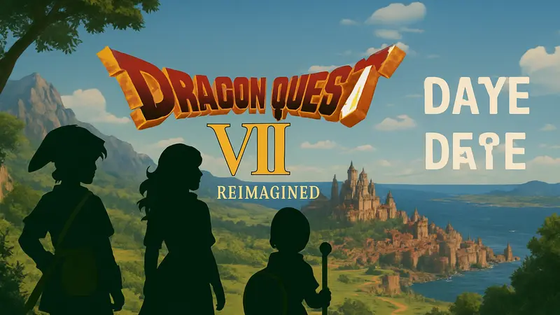 Логотип Dragon Quest VII Reimagined на фоне игрового мира, анонс даты выхода.