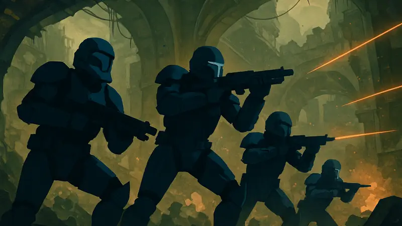 Отряд Дельта из Star Wars: Republic Commando в бою, солдаты-клоны с винтовками.