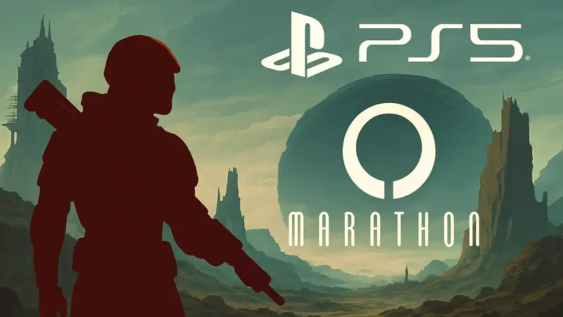 Логотип игры Marathon на фоне значка PlayStation 5.