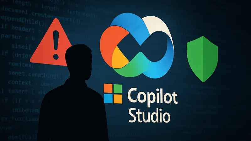 Логотип Microsoft Copilot Studio, символизирующий уязвимость и ее устранение, на фоне кода.