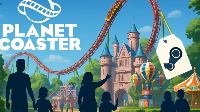 Planet Coaster: яркий парк аттракционов, американские горки, посетители, акция Steam бесплатно.