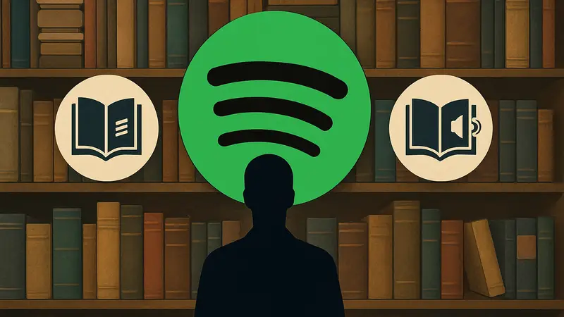 Логотип Spotify на фоне физических книг и значков аудиокниг