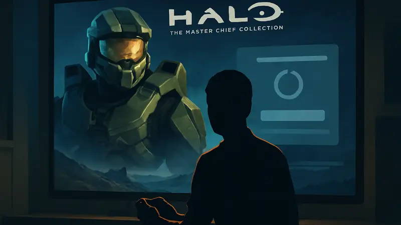 Скриншот из Halo Master Chief Collection, логотип игры, экран обновления