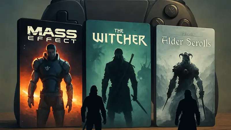Изображение обложек игр из лучших RPG трилогий, таких как Mass Effect, The Witcher и The Elder Scrolls, на фоне игрового контроллера.