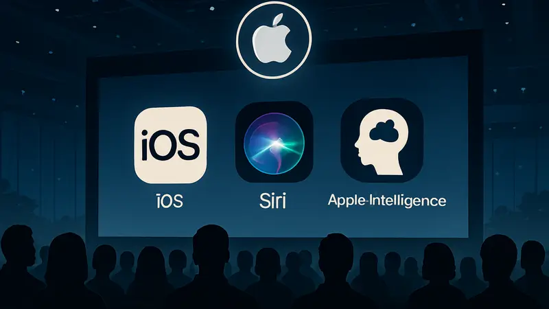 Логотип WWDC 2026 и экран с анонсами iOS 27, Siri и Apple Intelligence на конференции Apple