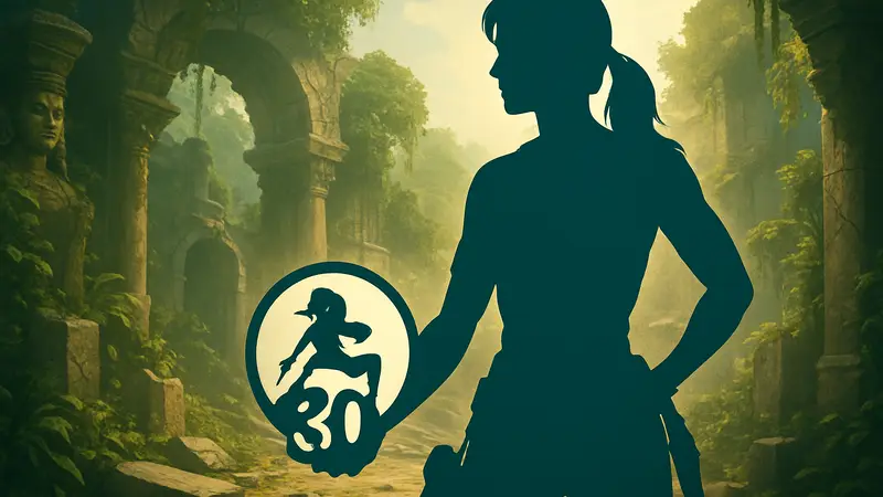 Лара Крофт с юбилейной атрибутикой Tomb Raider, символизирующая 30-летие серии и празднование от Crystal Dynamics.