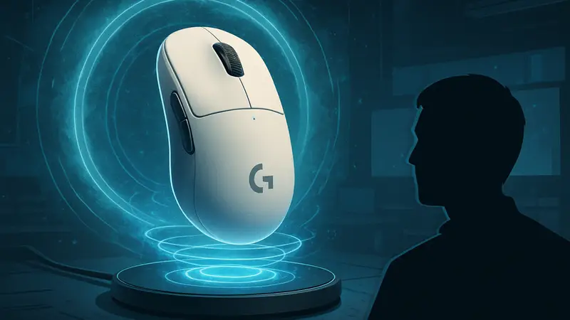 Игровая мышь Logitech G Pro X2 Superstrike на фоне индуктивной зарядки, демонстрирующая передовые технологии для гейминга.