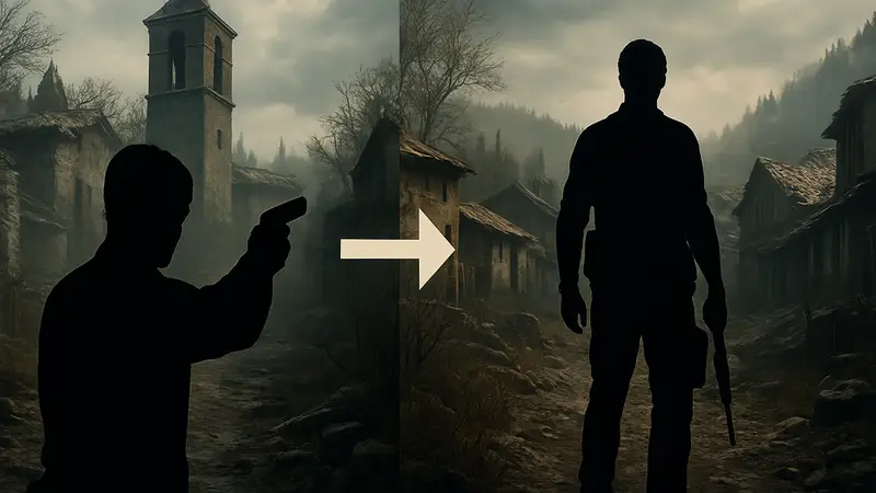 Персонаж Resident Evil Requiem в режиме от первого и третьего лица, демонстрирующий выбор перспективы для игроков.