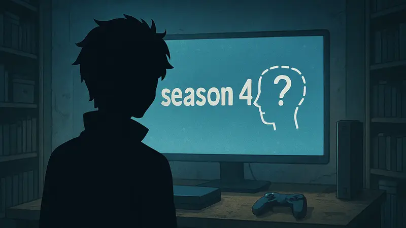 Главный герой Subaru из аниме Re:Zero смотрит на экран с текстом "season 4" и символами потери памяти.