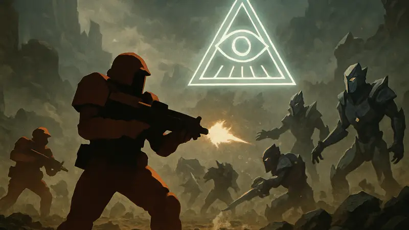 Скриншот из Helldivers 2, демонстрирующий борьбу с Иллюминатами и новый загадочный элемент.