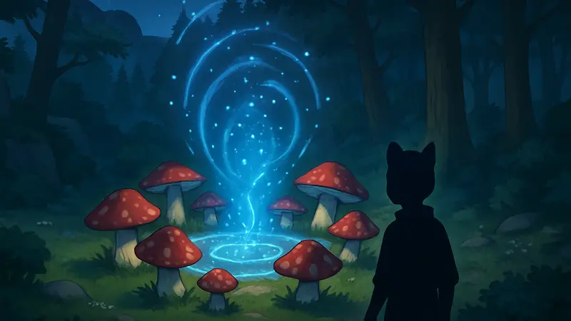 Изображение Грибного круга в игре Moonlight Peaks, подсвеченного магией.