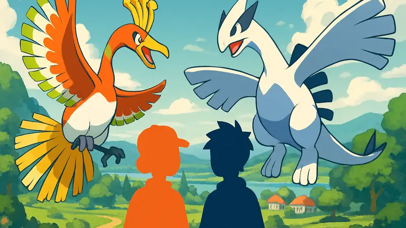 Два покемона, Хо-Ох и Лугия, символизирующие версии HeartGold и SoulSilver, на фоне игрового мира.