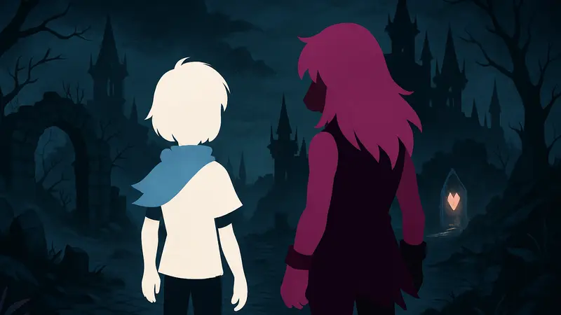 Персонажи Deltarune, Крис и Сьюзи, на фоне тёмного мира