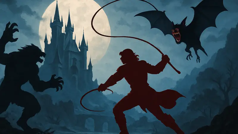 Герой Castlevania: Belmont's Curse сражается с монстрами на фоне готического замка