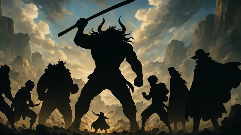 Силуэты самых сильных командиров Йонко из аниме и манги One Piece, изображённые в эпической сцене битвы.