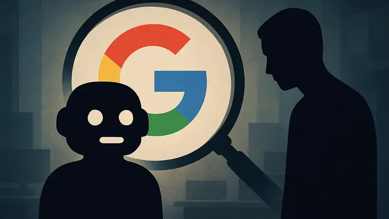 Символическое изображение чат-бота Claude AI и лупы Google, показывающее проблему индексации приватных бесед и данных.