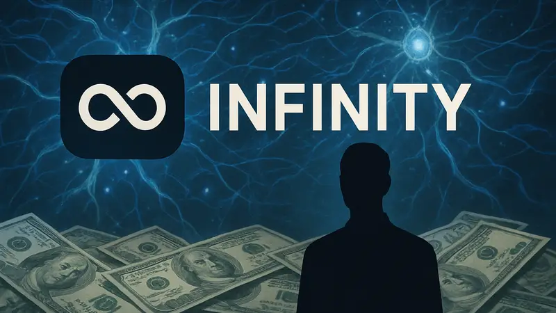 Логотип компании Infinity на фоне абстрактного ИИ-изображения и долларов