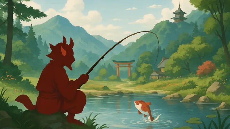 Ёкай с удочкой ловит рыбу в живописном мире Tales of Seikyu.