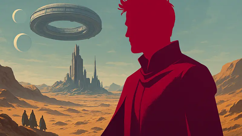 Роберт Паттинсон в образе Скитала из вселенной «Дюны», на фоне футуристического пейзажа Арракиса.