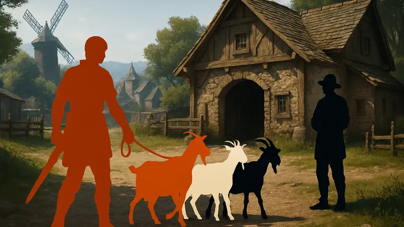 Игрок ведет трех коз к NPC Брэму на Ранчо Кальфеон в игре Crimson Desert