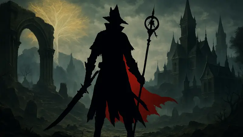 Персонаж из Graceborne, с элементами Elden Ring и Bloodborne, в мрачном фэнтези-мире.