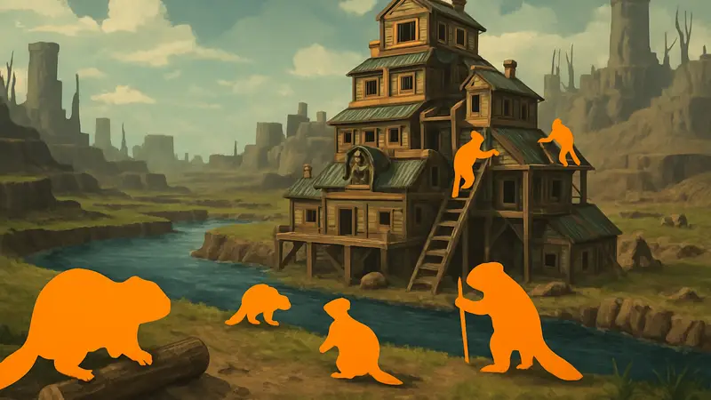 Игровой скриншот Timberborn, показывающий бобров, строящих многоэтажные здания возле реки в постапокалиптическом мире