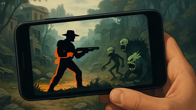 Главный герой Shotgun Joe: Love & Monsters с дробовиком на экране мобильного телефона.
