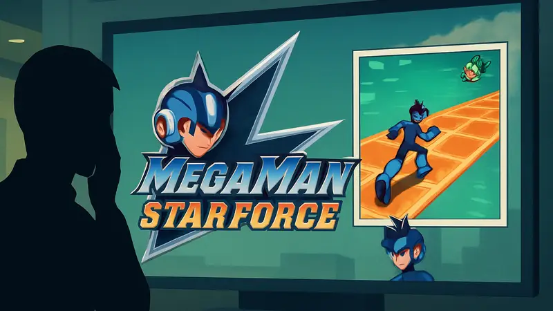 Логотип Mega Man Star Force Legacy Collection, изображение главного героя Мега Мена, скриншот из игры