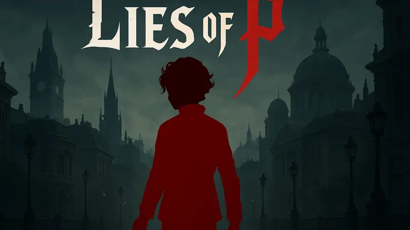 Логотип Lies of P и иллюстрация Пиноккио на фоне мрачного города Крат