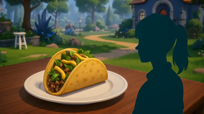 Изображение тако с диким чесноком и горчицей в Heartopia, внутриигровой скриншот кулинарного блюда