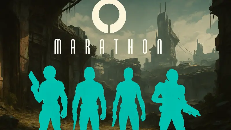 Логотип игры Marathon от Bungie на темном фоне, концепт-арт персонажей.
